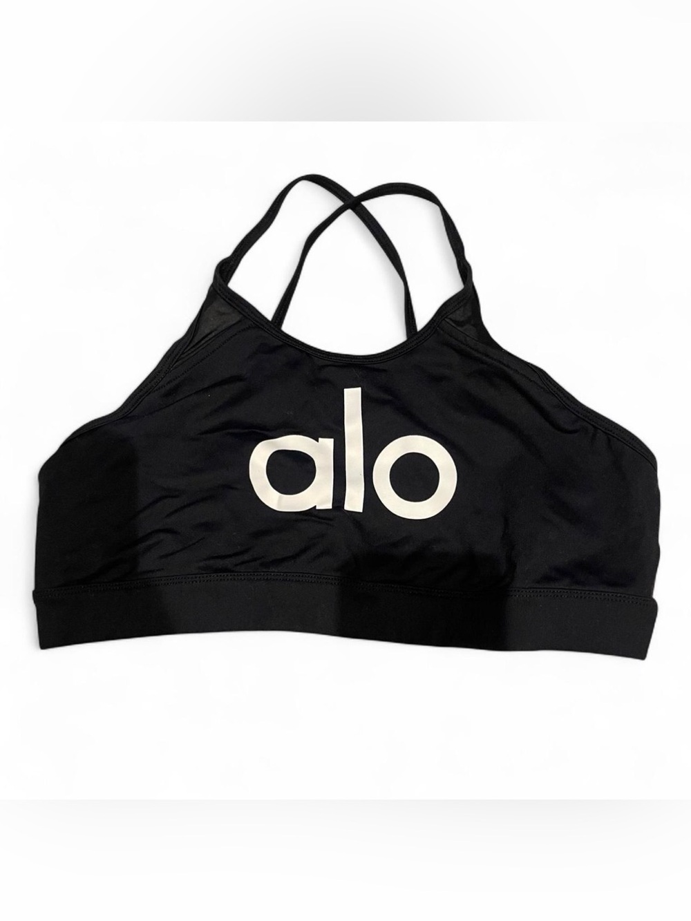 Alo Yoga Black Logo Sports Bra Criss Cross Mesh Back